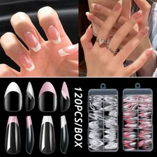 120Pcs Acrylic French Fake Nail Transparent Full Cover Nail Extension Nails Ti ~
