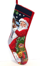 Needlepoint Santa Claus With Cane Red Velvet Back Christmas Stocking