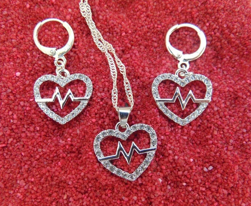 925 Silber Schmuck Set Herz Schlag Rhythmus Zirkon Kette Anhänger Creolen - Bild 1 von 4