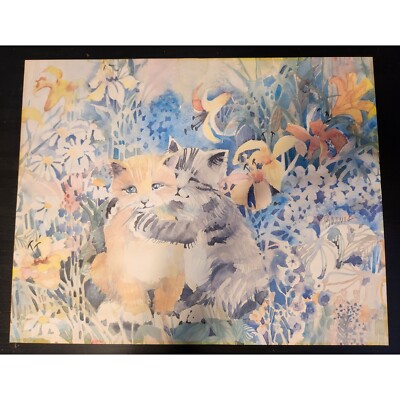 Original Vintage Watercolor Painting CATS Garden Flowers Bright Colors 22.5x17.5