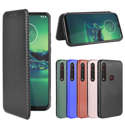 For Motorola Flip Carbon Fiber Stand Leather Wallet Magnetic Case +Tempered Film