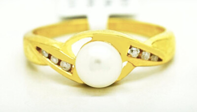 ECHTE WEISSE PERLE & DIAMANT RING 10K GELBGOLD - Kostenloser Bewertungsservice 