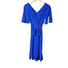 DKNY Dress Royal Blue Tie Waist V Neck Wrap Zipper Knee Length Stretch Sz 6