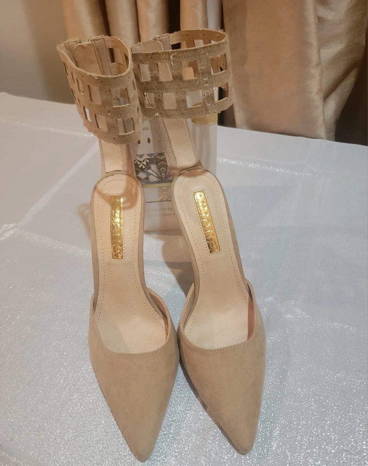 Tacones/bombas de tacón de aguja de gamuza sintética correa al tobillo Liliana Windowpane talla 7,5 Foto 2 de 4