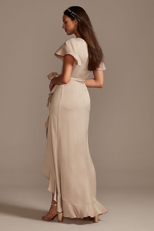 flutter sleeve crepe satin ruffle bridesmaid dress Flutter Sleeve Crepe Satin Ruffle Bridesmaid Dress