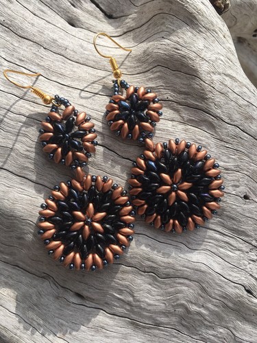 Boho Handmade Mandala Beadwork Drop Dangle Midnight Blue Copper Earrings - Picture 4 of 9