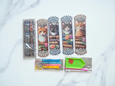 4er Set DIY Diamond Painting Lesezeichen   Katzen für kreative, florale Akzente