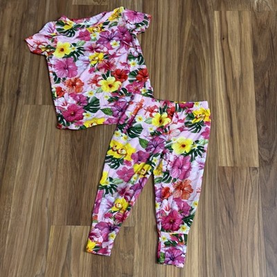 Posh Peanut Baby Girls 12-18 Months Tropical Hibiscus 2pc Shirt Pants Pajamas EC