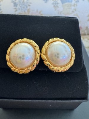 Vintage Napier Costume Mobe Pearl  Earrings Gold/White New