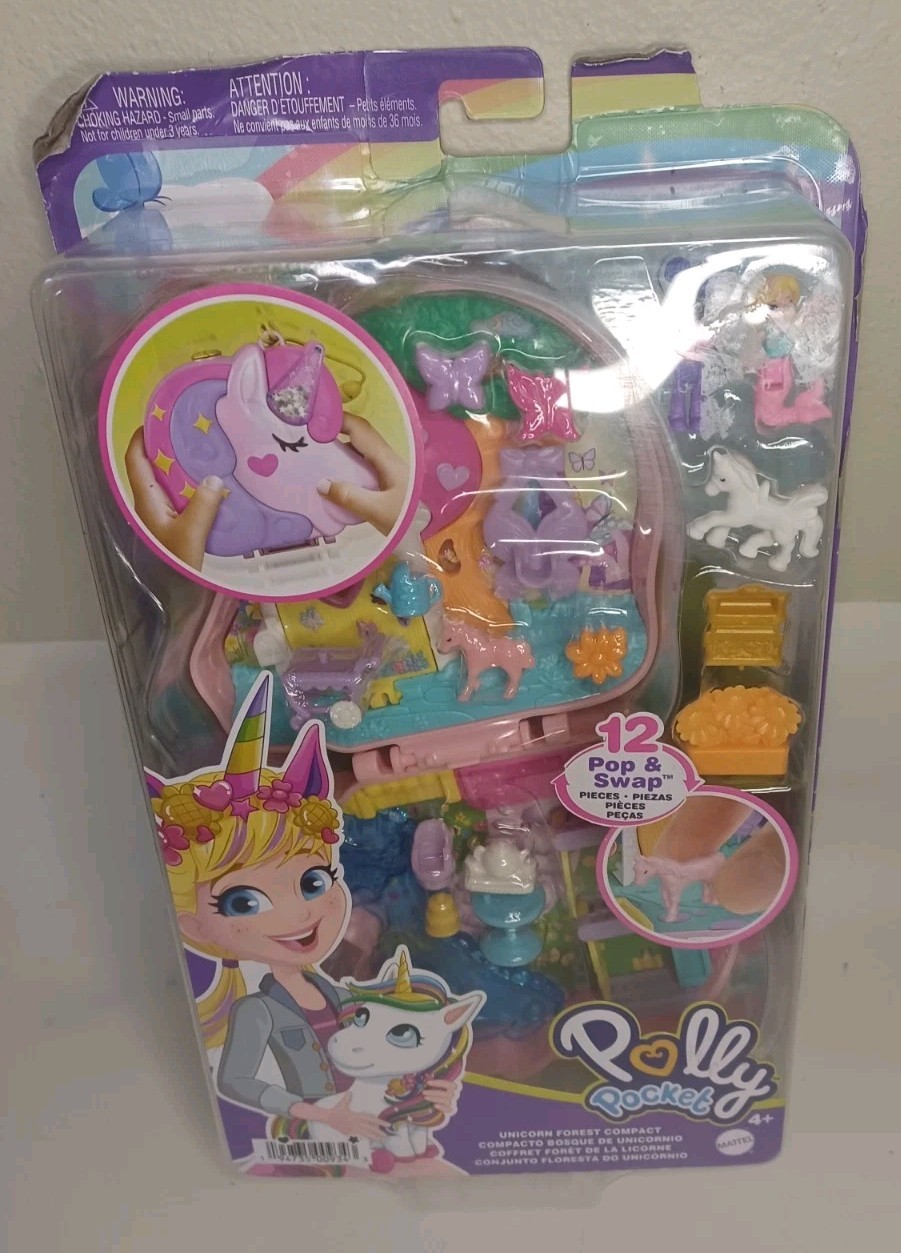 Polly Pocket Unicorn Forest Compact Tea Party-Themed Playset with Glitter NEW