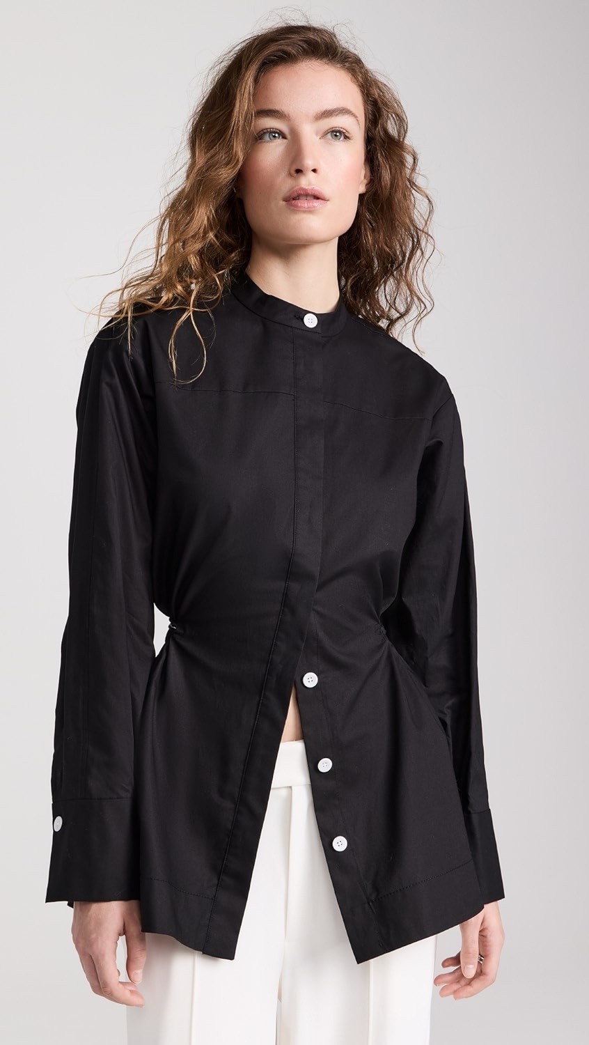 Proenza Schouler White Label Senna Top Sz 2 Black Poplin Tie Waist Blouse NWT
