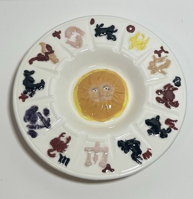 Vintage Hand Painted Zodiac Signs Ceramic Ashtray Sun Face Signed Vary 1974 10''