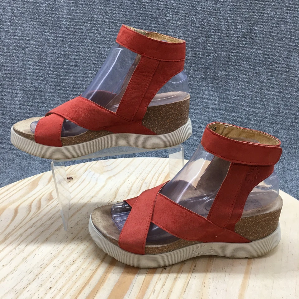 Sandalias Fly London para mujer 38 correa al tobillo rojas gancho y lazo punta abierta tacones de cuña Foto 3 de 4