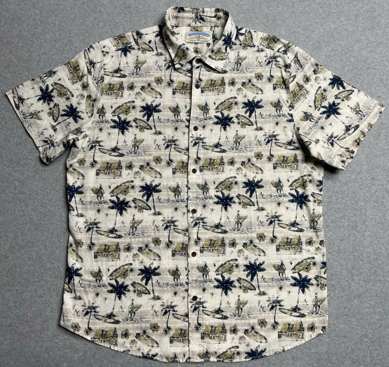 Margaritaville Hawaiian button Shirt Men's Size 2XL surfer palm with Surf Boards