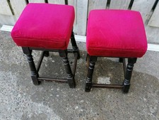 2 x Vintage 1970s - Wooden Pub Bar Stool Padded Seat Red - Original Retro