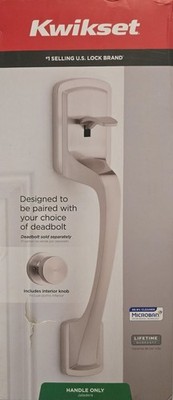 Kwikset Prague 98150-023 Entry Door Handle with Round Pismo Knob in Satin Nickel