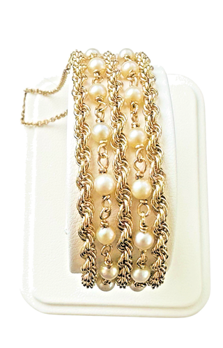 Engraved EMS 14k Gold 3.7 mm Akoya Pearl Five Strand Rope Chain Bracelet 7" - Picture 8 of 12