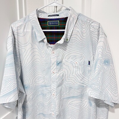 William Murray Shirt Mens 2XL XXL White Blue Topographic Map Short Sleeve Button
