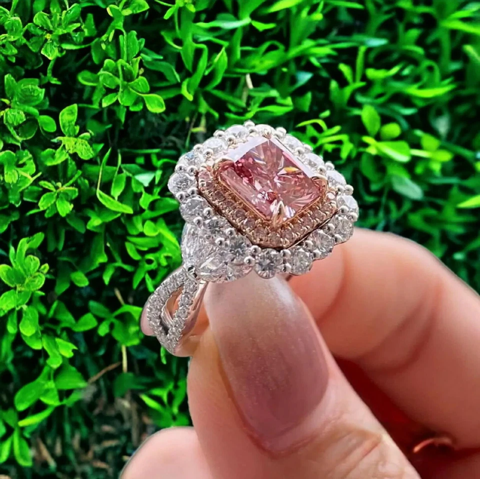 Anillo de diamantes de zafiro rosa natural talla esmeralda de 4,00 quilates de oro blanco de 14 quilates talla 7 Foto 4 de 4