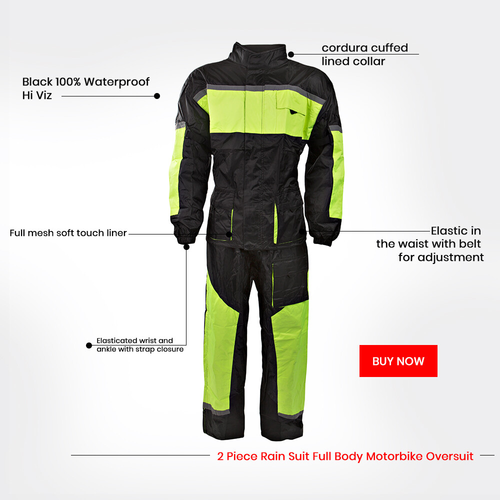 Black 100% Waterproof Hi Viz Two 2 Piece Rain Suit Full Body