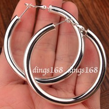 925 Sterling Silver Classic Tubular Hoop Earrings Size 25/35/51/60/70/80/90mm H6