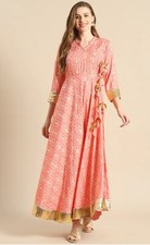 Indian Wear ; Coral Pink Gotta Patti Foil printed Angrakha Anarkali Kurta