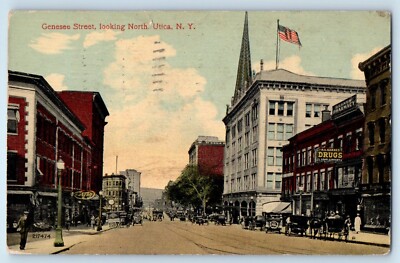 1914 Utica New York Vintage Postcard Genesee Street Looking North Store Building