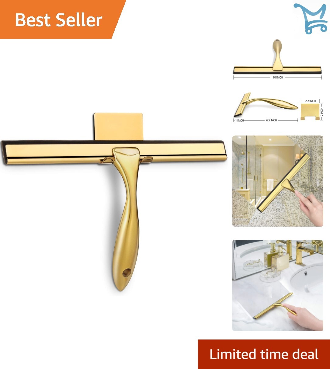 All-Purpose Shower Squeegee Brass Stainless Steel 10-inch for Glass Windows