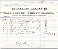 1880 Charles Lehman Wall Papers Window Shades Wilkes Barre  PA  Billhead 7"H