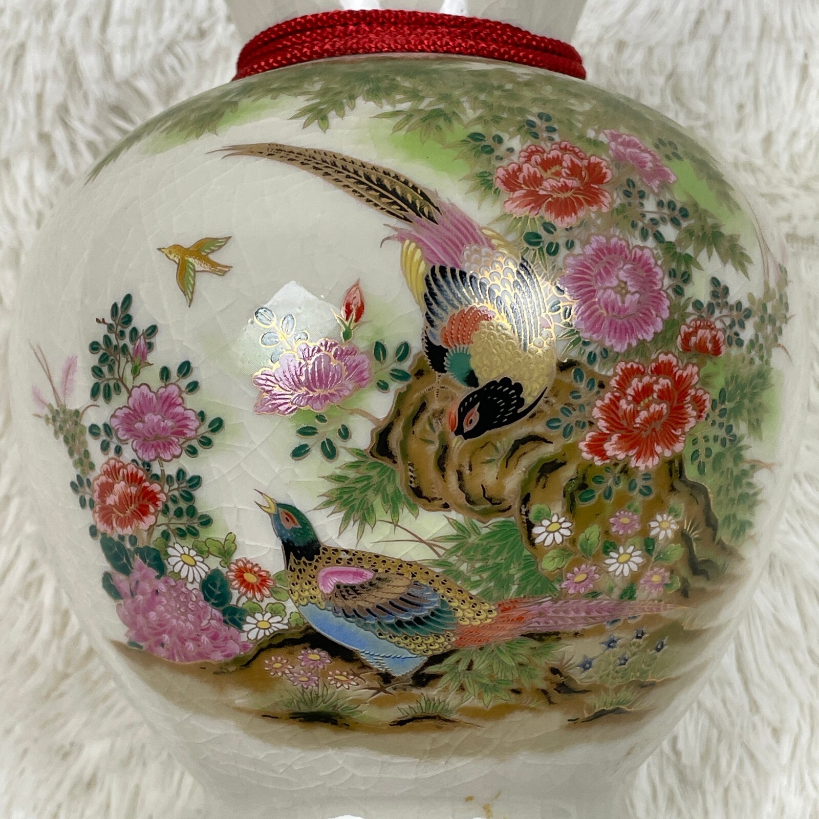 Vintage Satsuma Style Vase Birds Pheasant & Bamboo Floral Raised Gold Enamel