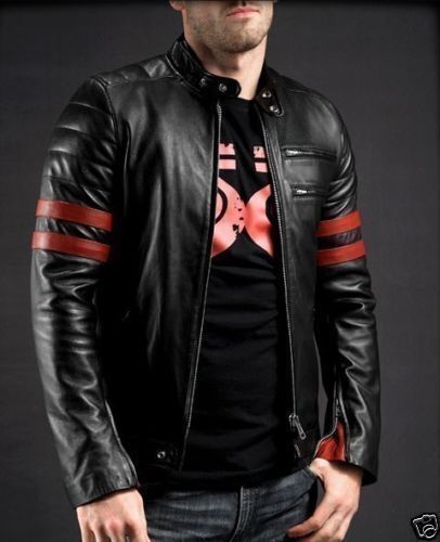 Men's Black Lambskin Leather Bomber Jacket with Red Stripes - XXS to 5XL-image