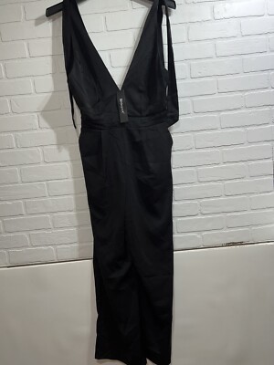NWT! Very Nice Chic ALLEGRA K Black V neck Tie Straps Side Zip Jumpsuit