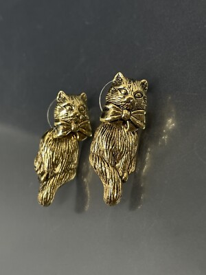 Vintage GoldTone Signed Avon Cat with Bow Post Drop Two In One Earrings 1.25 