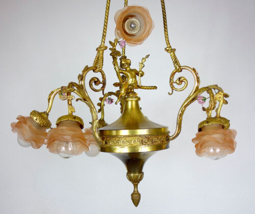 Lámpara de araña de vidrio de latón francés antigua alrededor de 1900 Art Nouveau - Imagen 1 de 24