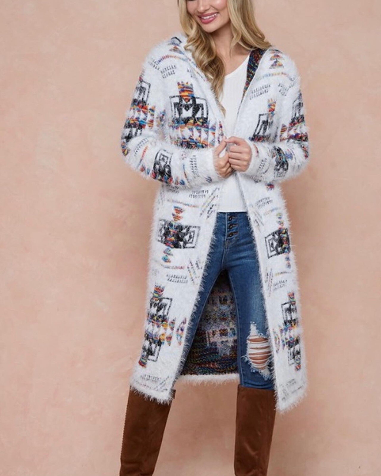 NWT ON BLUE AZTEC LONG HOODED CARDIGAN 