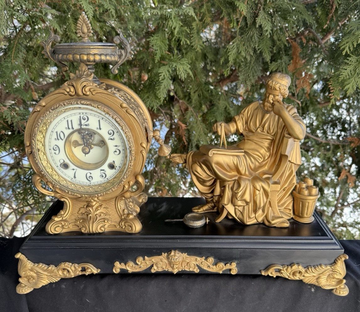 Antique C 1895 New Haven PHILOSOPHER Figural Statue Mantle Clock - SEE VIDEO