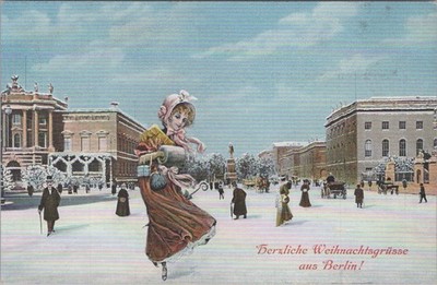 Herzliche Weihnachtsgrusse aus Berlin Ice Skater Lady Winter Snow 1900s Postcard
