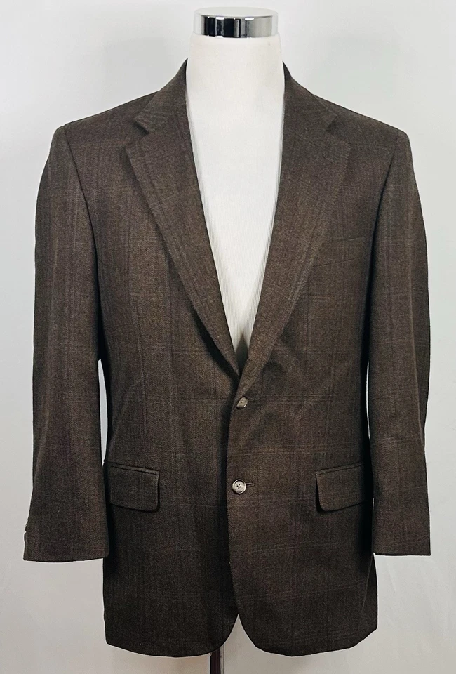 Alan Flusser 42R Sport Coat 100% Lambswool Brown Herringbone Plaid Two Button - Image 2 of 4