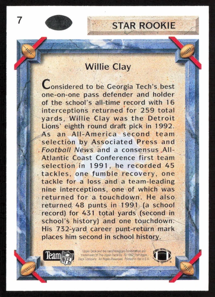 1992 Upper Deck Willie Clay #7 Rookie Detroit Lions - Image 2 of 2