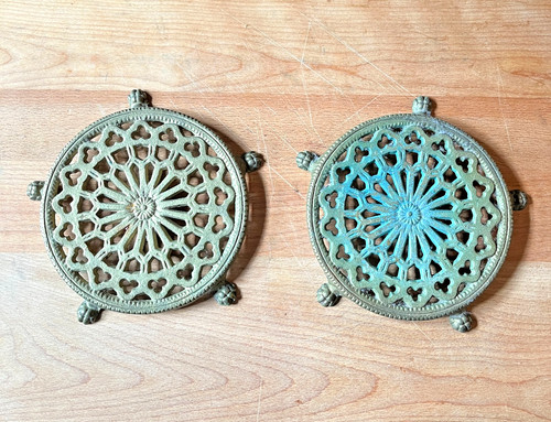 Vtg Solid Brass Trivets (2) Gothic Rosette Lion Paw Feet 1960s US 6” Approximate