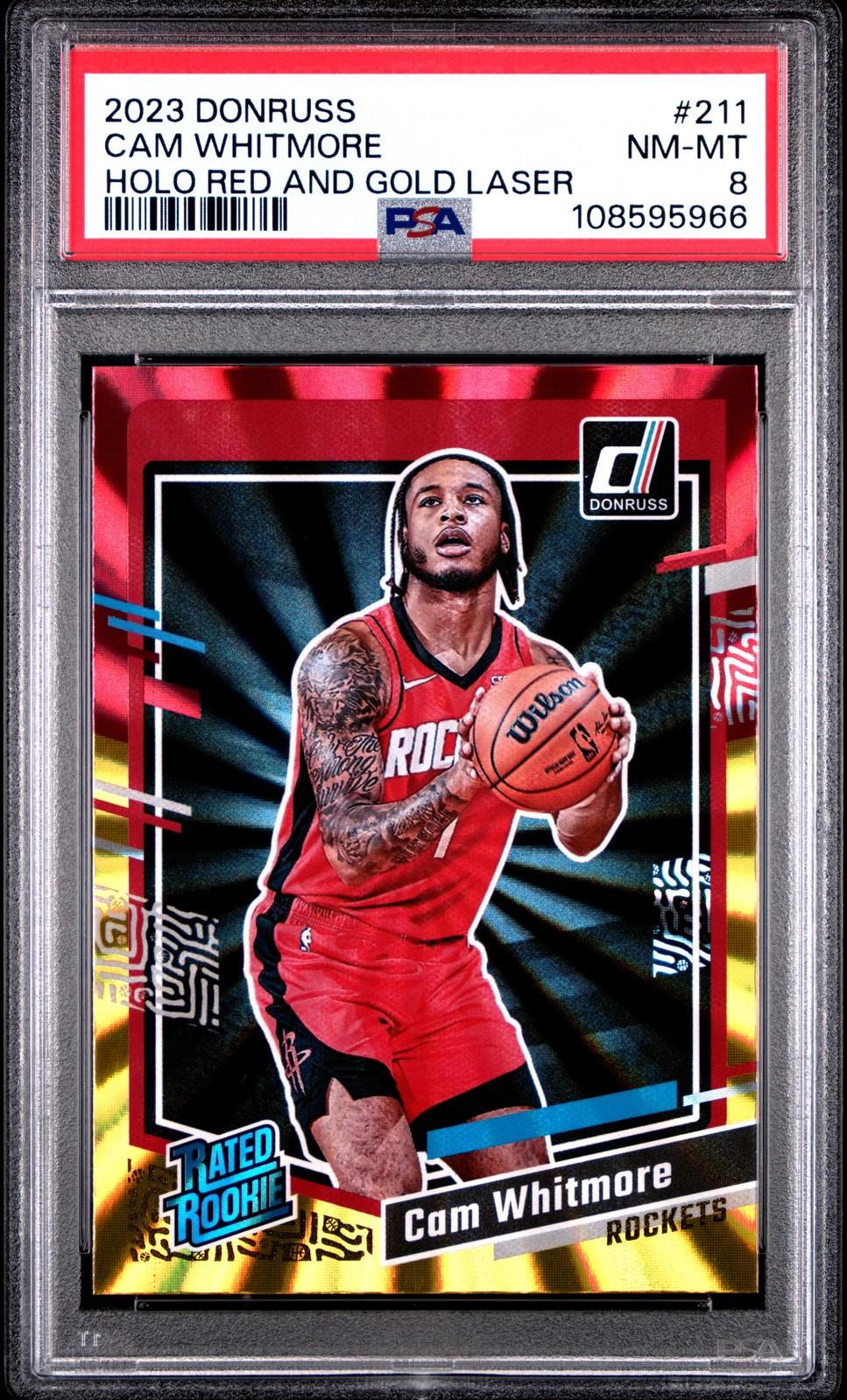 2023 PANINI DONRUSS HOLO RED & GOLD LASER #211 CAM WHITMORE PSA 8