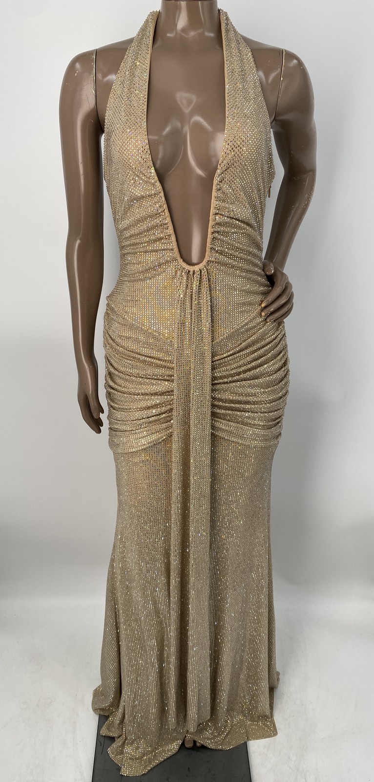 Babyboo Womens Maxi Dress Gold Size M Rosetta Sparkle Rhinestone Plunge Halter