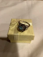 Estate QVC Blue Stone 925 Silver Floral Ring 