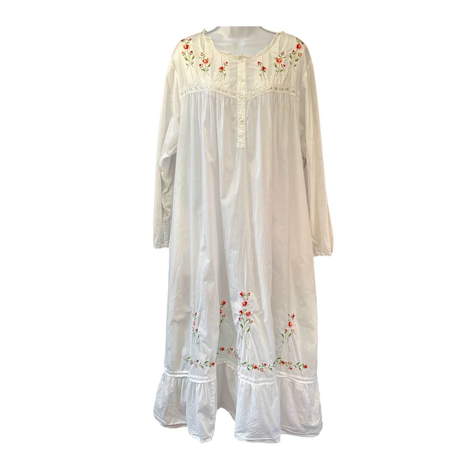 Vintage La Cera Nightgown Cottagecore Victorian Floral Embroidery White 1X