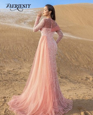 FAERIESTY Coral Pink Embellished Long Sleeve Dress FAERIESTY Coral Pink Embellished Long Sleeve Dress
