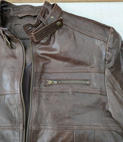 Giacca di pelle marrone Jeff Banks stile cafe racer super morbida uomo media ottime condizioni - Foto 5 di 16