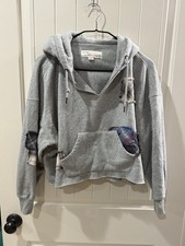 2 Piece PJ/Sweat Suit Set, Patch Work on Grey , S Crop Top W/ Hood, L Bottoms