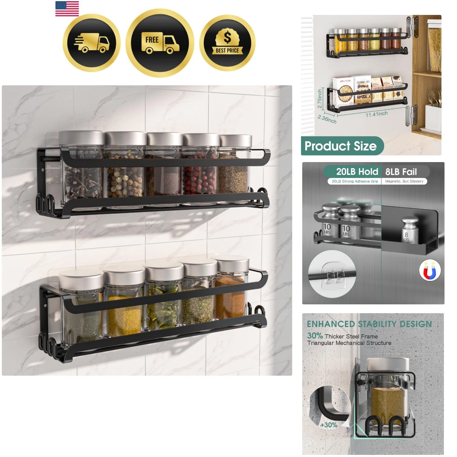 2 Pack Wall Mounted Spice Rack with 8 Hooks, Spice Organizer Shelf for Stove ...