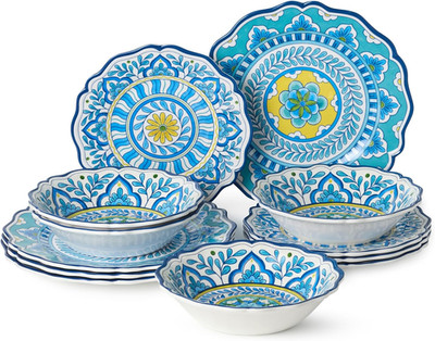 Porto 12-Pc. Melamine Dinnerware Set for 4 - Turquoise Mandala Design