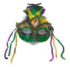 Mardi Gras Womens Mask - Sequin Feathers Purple Green Gold Masquerade Ball...